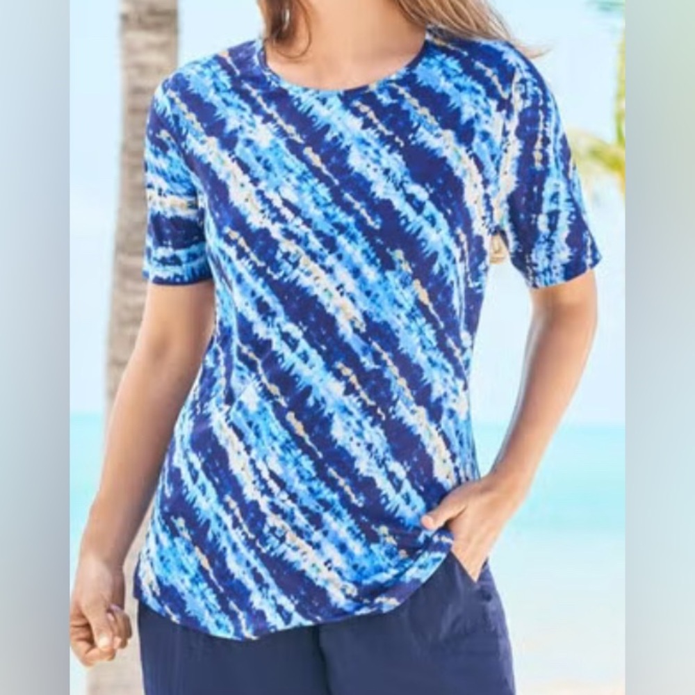 #2581 Swim Tee Blue, White & Taupe Watercolor Stripe Crew Short Sleeve Rashguard